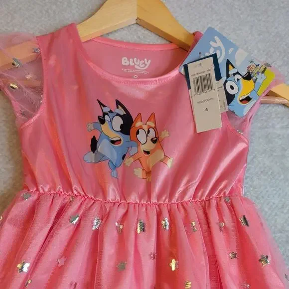 Pajamas Dress Bluey Bingo and Friends Toddler Girl's Pink Satinet Nightgown 6T - Picture 3 of 8
